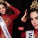 Mexican contestant Fatima Bosch wearing the Miss Universe crown during the grand finale stage with lights and celebrations in the background.