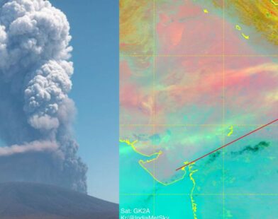 Hele Gubbi volcano in Ethiopia erupting with a massive ash cloud rising on one side, showing dark smoke spreading into the sky