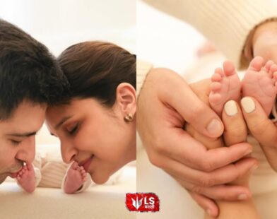 Parineeti Chopra and Raghav Chadha posing together as they announce their baby’s name on social media