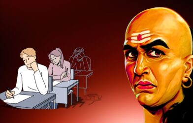 Student writing an exam with Chanakya illustration on the side