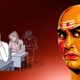 Student writing an exam with Chanakya illustration on the side