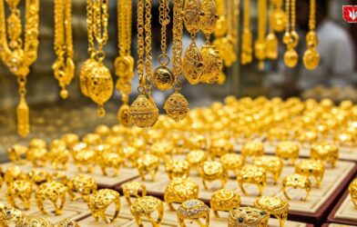 Gold jewellery displayed in a showroom as gold prices rise during the wedding season