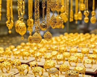 Gold jewellery displayed in a showroom as gold prices rise during the wedding season