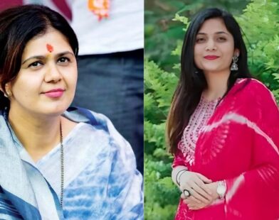 Pankaja Munde standing on one side and Gouri Garje standing on the other side in a news-related image