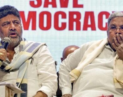 Siddaramaiah and DK Shivakumar seen during a political meeting amid a dispute over the Karnataka Chief Minister post in the Congress government