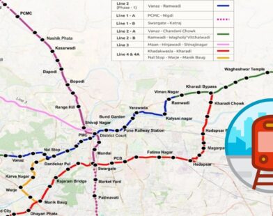 Pune Metro Phase 2 route map with metro train graphic showing the approved expansion plan