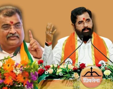 Ravindra Chavan on one side and Maharashtra Chief Minister Eknath Shinde on the other side during a political alegation