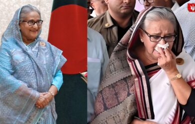 Collage image showing Sheikh Hasina crying on one side and her portrait on the other, used in news about her 21-year sentence in a corruption case