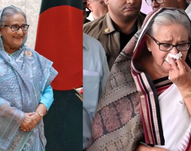 Collage image showing Sheikh Hasina crying on one side and her portrait on the other, used in news about her 21-year sentence in a corruption case
