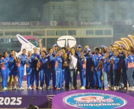 WPL 2025 schedule announcement by BCCI with New Year theme showing cricket stadium and match timeline.
