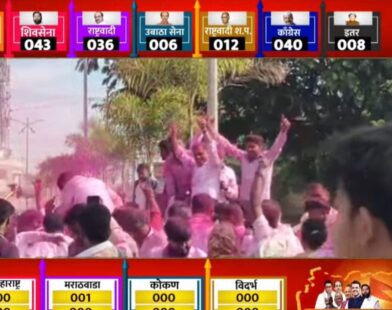 Political flags and leaders during Maharashtra local body elections showing BJP and NCP dominance in different districts
