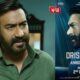 “A scene showing Ajay Devgn’s powerful and intense look during the launch of the Drishyam 3 teaser