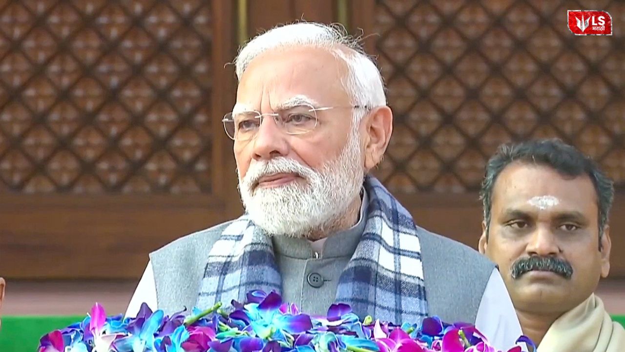 Prime Minister Narendra Modi arriving at the Indian Parliament during the winter session, greeting members and media