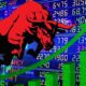 A stock market graph showing a downward trend, representing the fall in Sensex and Nifty for the third consecutive day