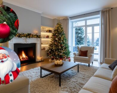 Beautiful Christmas home decoration with lights, tree, stylish outfits and gift boxes