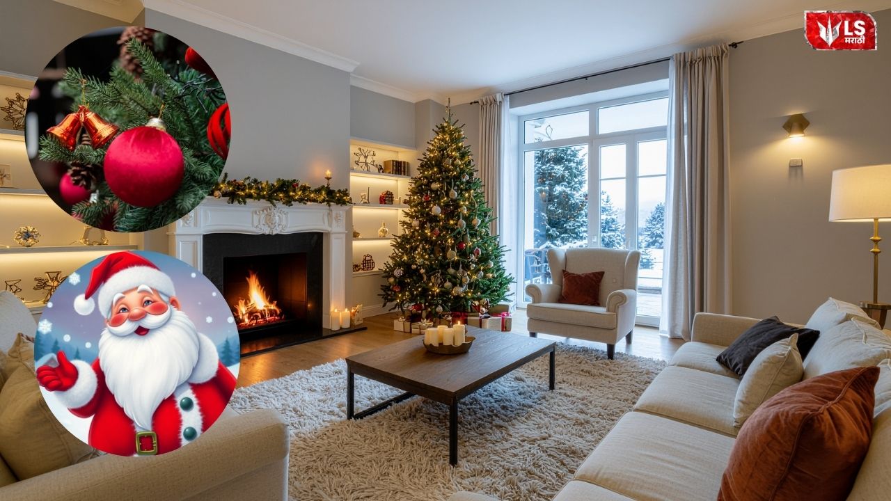 Beautiful Christmas home decoration with lights, tree, stylish outfits and gift boxes