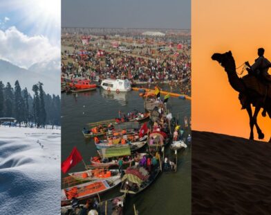 Scenic view of snow-capped mountains and valleys in Kashmir, showcasing its beauty as a winter travel destination